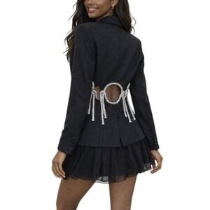 Athina Black Cocktail Fitted Long Blazer Rhinestone Rope Cutout Detail S